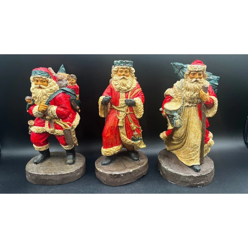 Old World Santa Claus Figurines Set of 3 Faux Wood Carved Resin 8